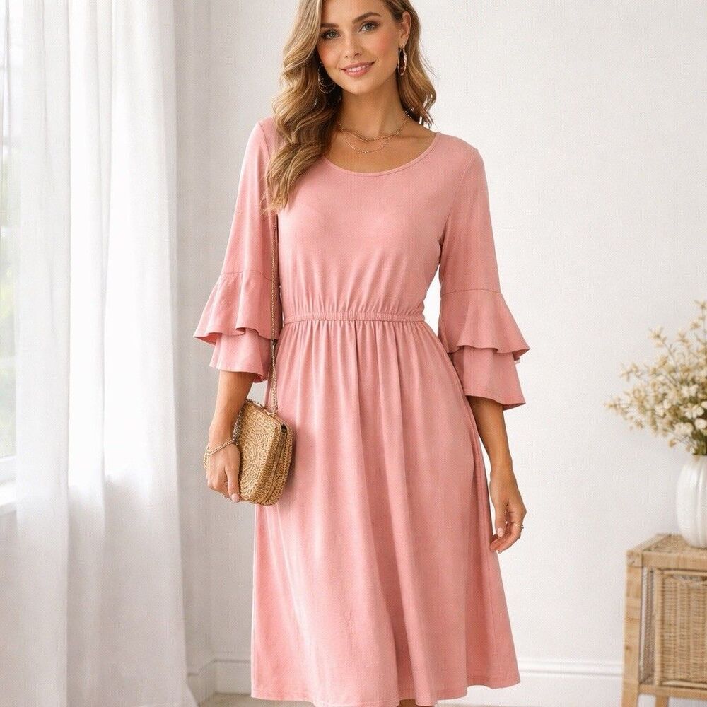 H by Halston Pink Quartz Trapunto Flounce Sleeve Dress XL NWT Modal Blend Soft